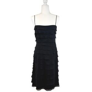 Tadashi Vintage 100% Silk Tiered Ruffle Slip Cocktail Dress Black Size 10 LBD